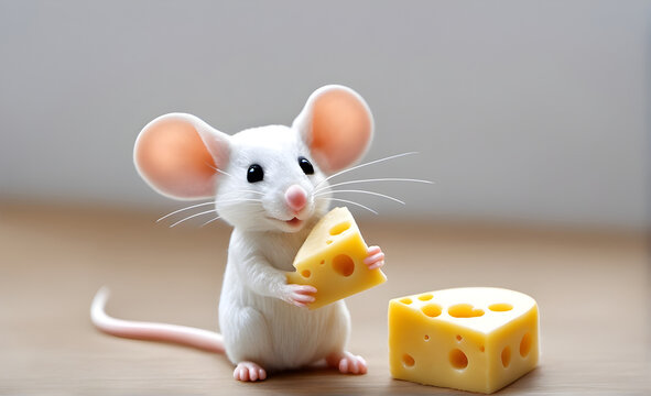 Cute cartoon white mouse with cheese