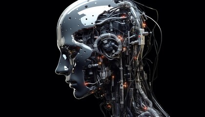 Fototapeta premium Futuristic Artificial Head with Wires on Dark Background, Generative AI