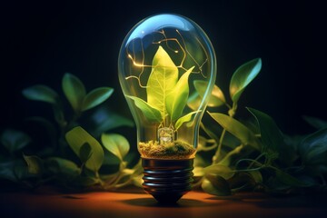 Illuminating Nature: Green Leaf Inside an Electric Light Bulb, Generative AI