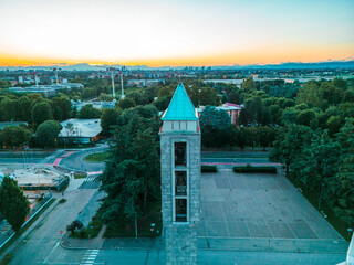 Aerial view Parish of Santa Barbara of San Donato Milanese, Milan, Italy. 