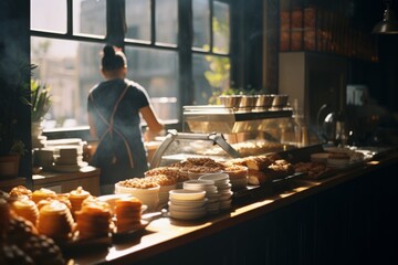 Fototapeta na wymiar Small cozy cafe coffee shop bakery business enterprise interior sunny morning light proud happy barista offers cheap hot tasty cocoa latte cappuccino americano espresso croissants donuts to customers