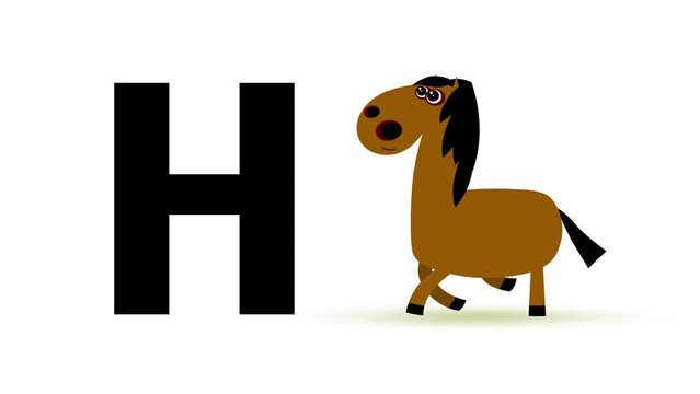 H letter big black like horse cartoon animation. Animal loop. Educational serie with bold style character for children. Good for education movies, presentation, learning alphabet, etc...
