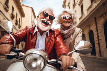 Naklejka premium Elderly Couple Embracing Adventure: Riding into the Sunset on a Vintage Motorcycle, Generative AI