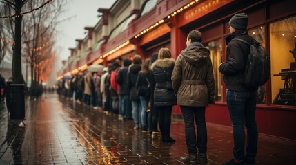 People queue up waiting for stores to open for shopping. Sale and discounts. Generative AI - obrazy, fototapety, plakaty
