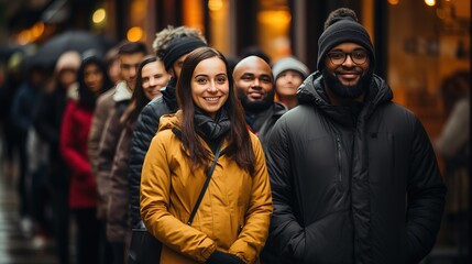 Naklejka premium Happy People group queue up waiting for stores to open for shopping on Black Friday. Sale and discounts. Generative AI