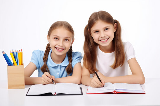 two happy school girls are sitting at the desk doing homework，white background. illustration created with AI