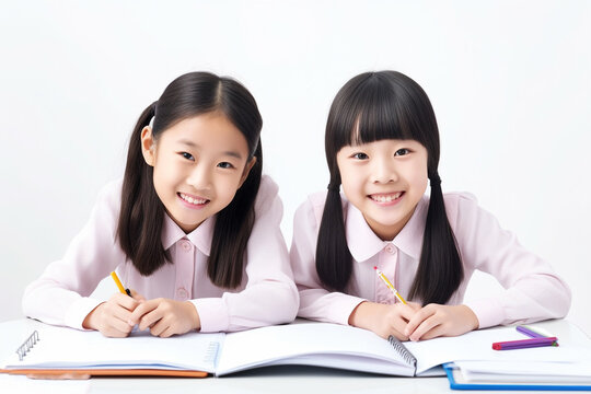 two happy school girls are sitting at the desk doing homework，white background. illustration created with AI