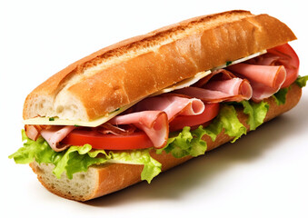 Long ham sandwich with tomato and lettuce on white background.Macro.AI Generative