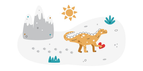 Flat hand drawn vector scene with dinosaur grass sun and mountains