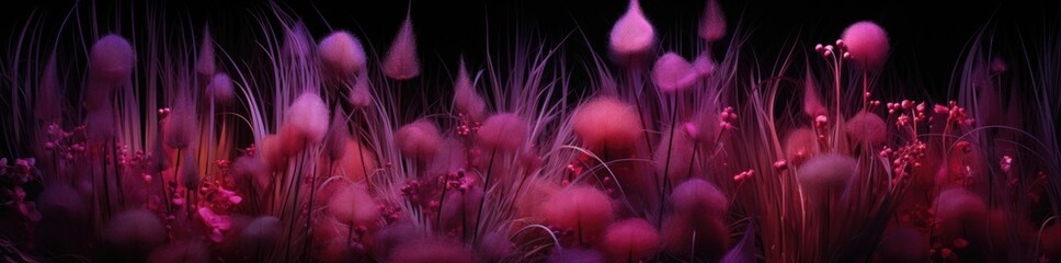 purple grass growing in the dark, dark pink, contrasting background, light crimson, photorealistic compositions