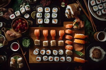 Buffet of asian food like sushi rolls, birds eye perspective, knolling layout, professional photography, generative ai