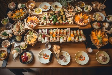 Buffet of asian food like sushi rolls, birds eye perspective, knolling layout, professional photography, generative ai
