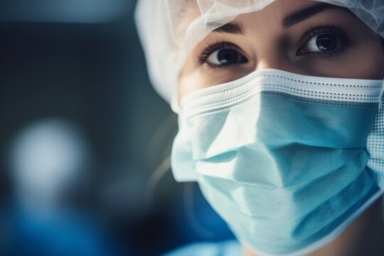 Close up female portrait hospital nurse young woman girl doctor wearing uniform safety protection mask hat healthcare medical surgeon clinic health professional rehabilitation center rehab pandemic