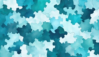 sea of turquoise abstract tile color seamless pattern, puzzle-like elements, aquarelles