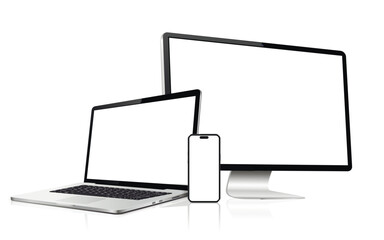Computer, laptop, phone. Flat lay detailed and realistic devices mockup