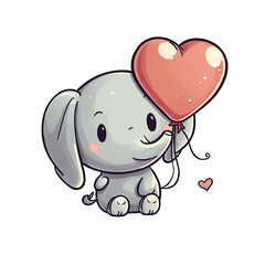 Cute kawaii happy funny elephant holding a heart shaped balloon.  Transparent background.  Transparent PNG file