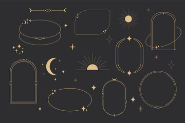 Set golden celestial frames, borders, arch line art esoteric minimal decoration with sparkles isolated on dark background.