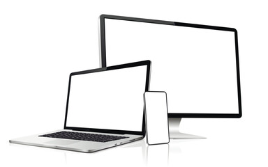 Realistic computer screen, laptop, phone. Flat lay detailed and realistic devices mockup