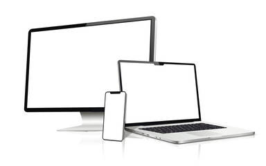 Realistic computer screen, laptop, phone. Flat lay detailed and realistic devices mockup - obrazy, fototapety, plakaty