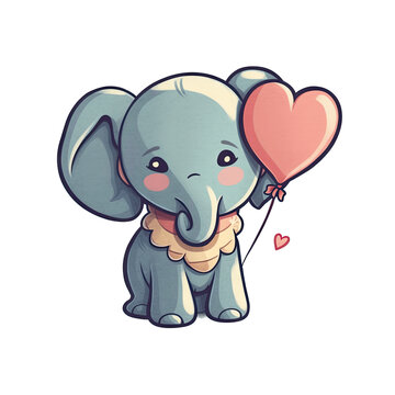 Cute kawaii happy funny elephant holding a heart shaped balloon.  Transparent background.  Transparent png file