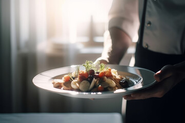 Waiter carrying a plate with fancy dish on festive event, party or wedding reception. Generative AI.