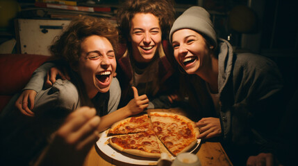 Fototapeta premium Group of people eating pizza. Happy moodGenerative AI