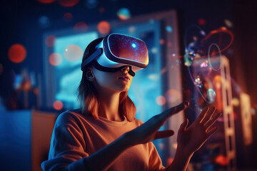 Young woman at home wearing a VR goggles with AR capabilities, diving into a virtual world full of innovation, engaging with simulations and games, interactive with futuristic digital universe.  - obrazy, fototapety, plakaty