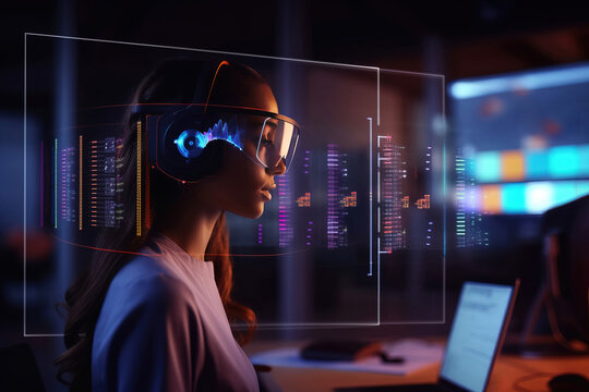 Close up of woman works at night in office using a VR headset with augmented reality screens with data. Future technologies concept, AR holography, virtual reality.