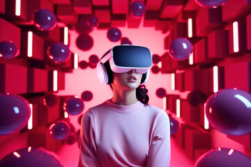 Portrait of young woman with VR headset immersed in digital pink colored cyber space. Virtual reality, metaverse and future technology concept