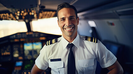 Male Pilot in Uniform with Arms Crossed and Smiling Inside the Airplane