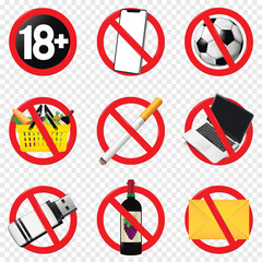 Set of prohibition sign. Forbidden signs isolated on transparent background.