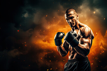 Fototapeta na wymiar man with boxing gloves with aggressive attitude. kickboxing sport