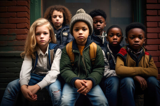 African American young boy standing still in protest sign with his schoolmates. Racism at school concept image. Generative AI.