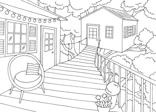 Tree house balcony graphic black white sketch illustration vector 