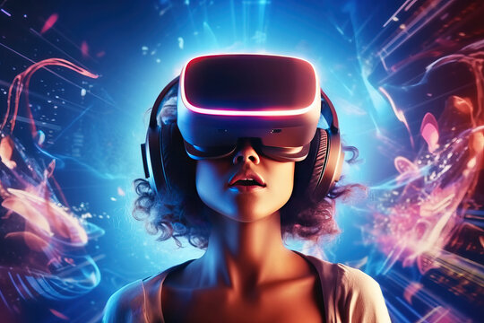 Fototapeta Portrait of amazed young woman in a VR headset explores the metaverse's virtual space. Gaming and futuristic entertainment concept