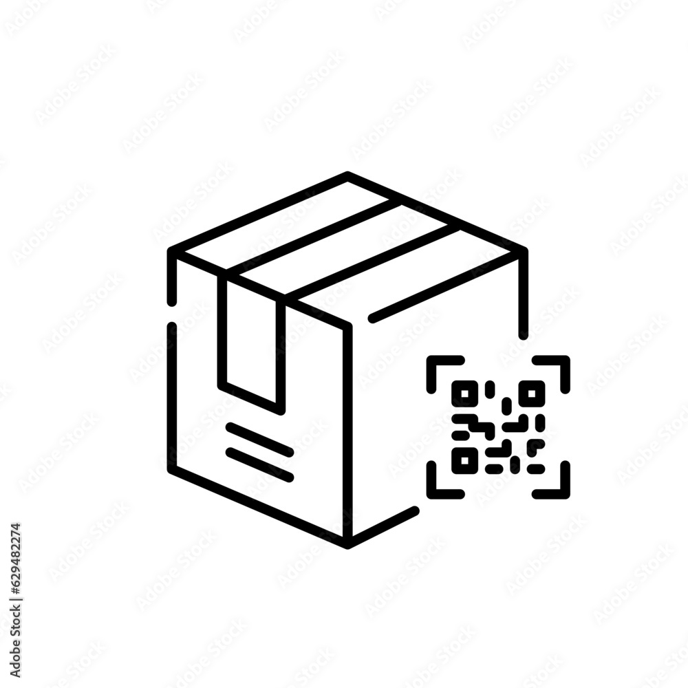 Poster shipment box with qr-code. identification tracking code on a parcel. pixel perfect, editable stroke 