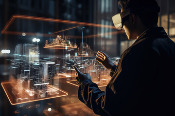 Male engineer or architect wearing virtual reality goggles designs city of the future by controlling buildings models in an augmented hologram at night in dark office. AR and VR technology concept.