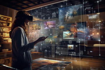 Woman in her home at night using virtual reality goggles and gestures to control AR apps and working with data on media augmented reality screen. Concept of mixed reality and future of VR technology