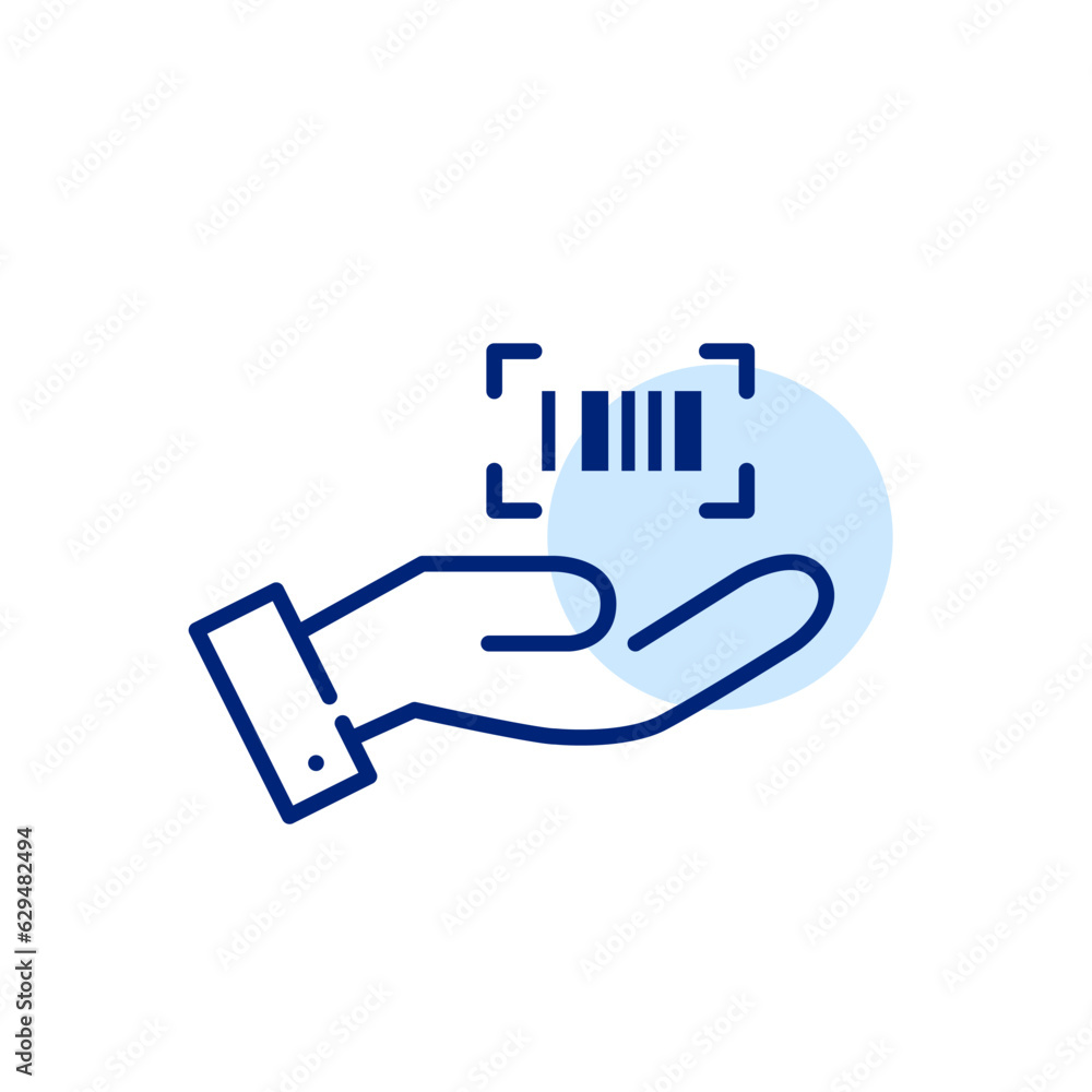 Poster hand holding a bar code. product id information. scanning products at store for serial number or pri