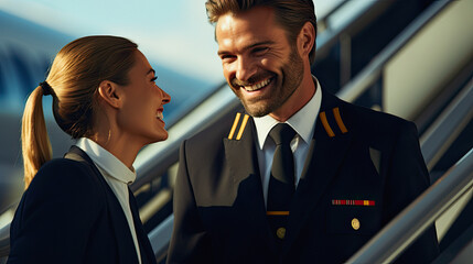 Pilot and Stewardess Walking to the Plane at the Airport