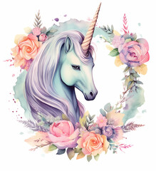 An illustration of a unicorn in a wreath of flowers, in pastel coulour, in the style of watercolor illustrations, cute and dreamy, hand drawing