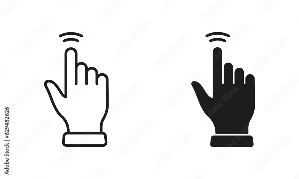 Poster double tap gesture, hand cursor of computer mouse line and silhouette black icon set. pointer finger