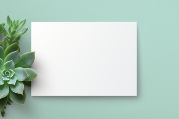 White business card surrounded by green succulents at light mint background. Concept of greener business. 