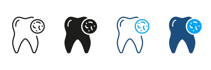 Tooth Bacteria Silhouette and Line Icon Set. Dental Treatment Black and Color Symbol Collection. Oral Virus Problem Pictogram. Microbe and Infection on Human Tooth. Isolated Vector Illustration