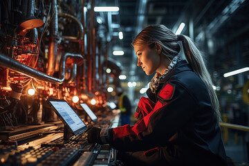 Women engineer working on laptop during inspection in red work clothes in a refinery with pipes line