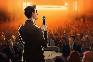 illustration of an speaker with microphone in front of audiences