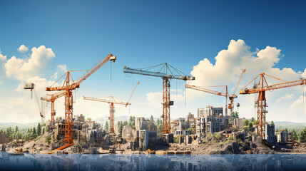 Fototapeta na wymiar Tower cranes against the blue or sunrise or sunset sky. House under construction. Industrial skyline