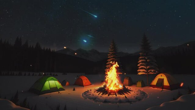 camping and campfire in the night.  Cartoon or Japanese anime watercolor painting illustration style. seamless looping 4K time-lapse virtual video animation background.