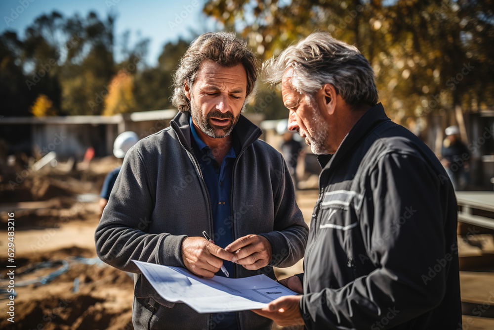 Poster structural engineer and architect working with blueprints discuss at the outdoors construction site