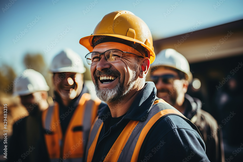 Poster portrait of smiling builder engineering in hardhat over group of builders at construction site. indu